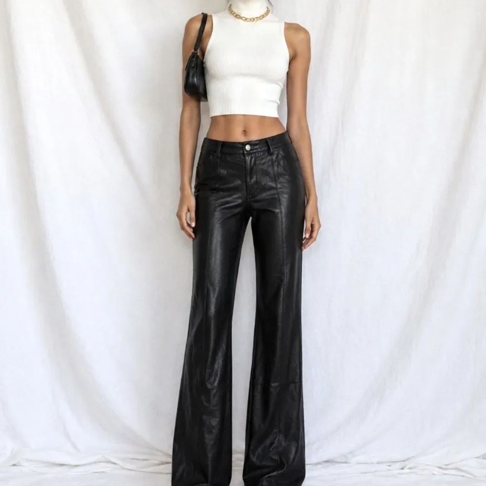 Vintage Y2K 90s Black Faux Leather High Waisted Boot Cut Pants Trousers Size S
